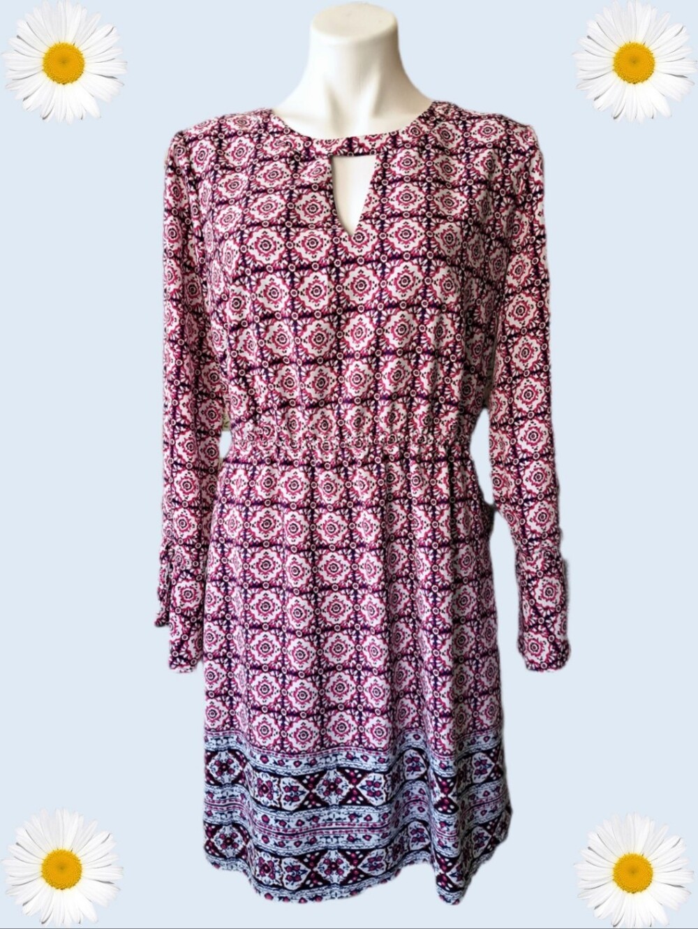 Market & Spruce Burgundy Geometric Medallion Keyhole Tunic Dress w/ Pockets L 10